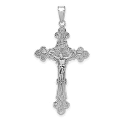 10K White Gold Polished Textured INRI Crucifix Fleur de Lis Pendant