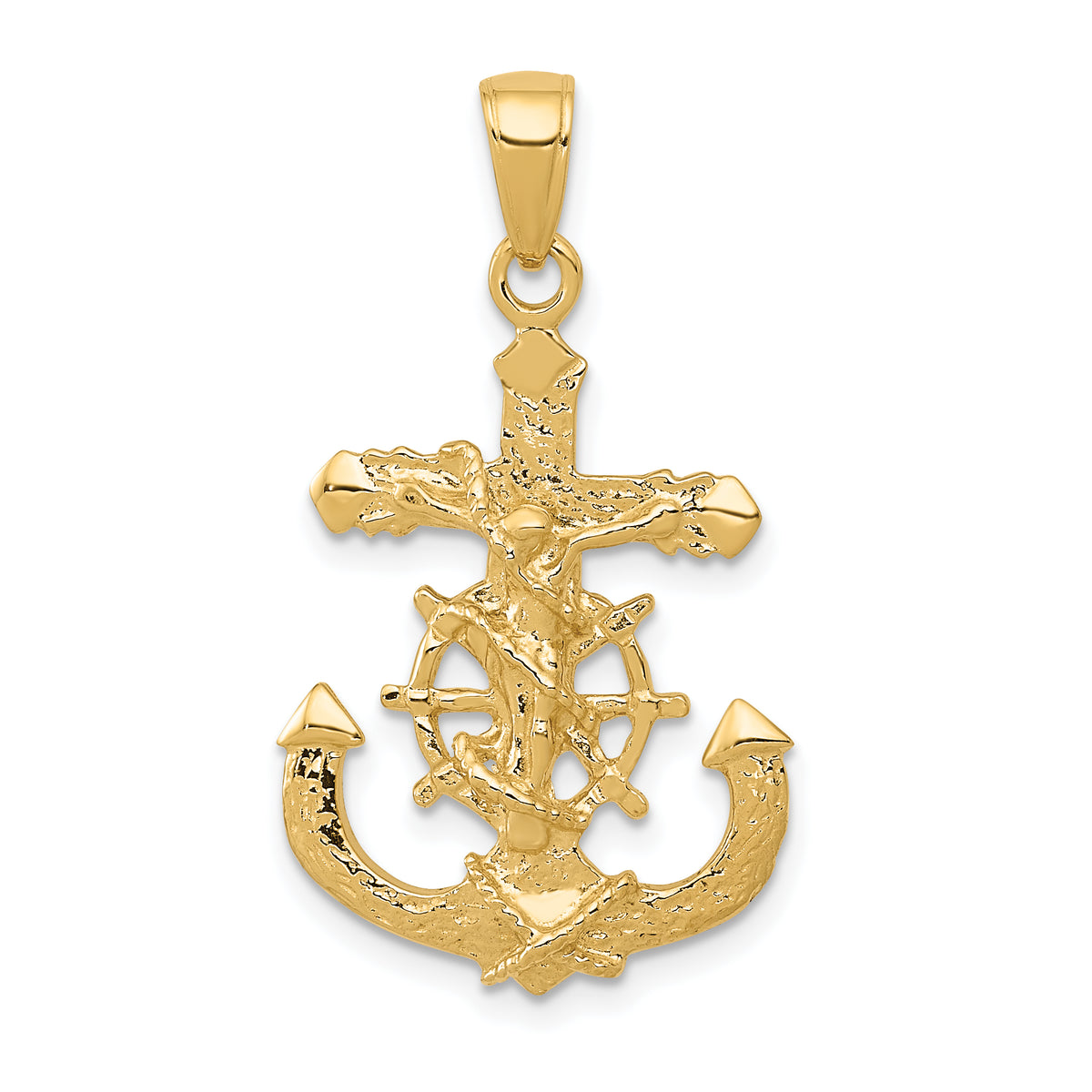 10K Polished & Textured 2-D Mariners Crucifix Rope/Wheel Pendant