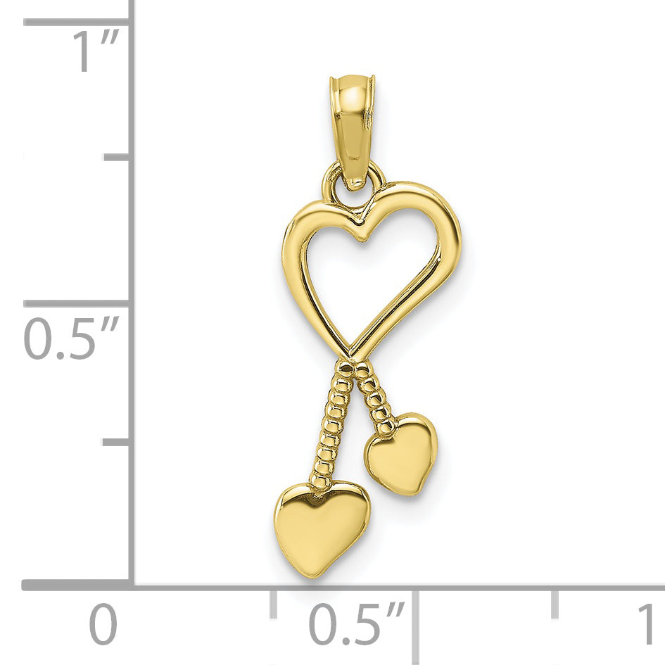 10K Polished Heart w/ Double Heart Beaded Tassle Charm