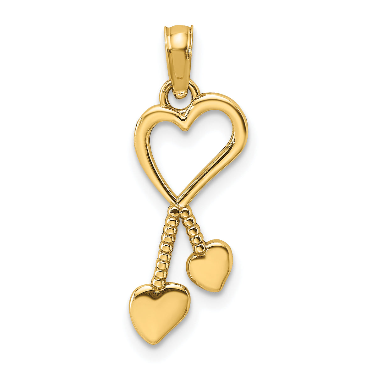 10K Polished Heart w/ Double Heart Beaded Tassle Charm