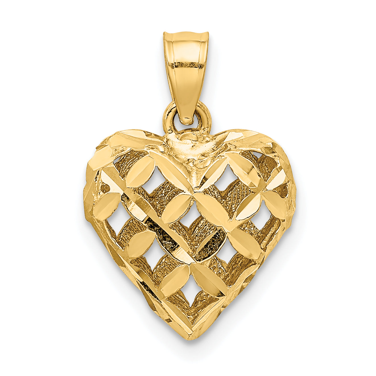 10K 3-D Diamond-cut Filigree Puffed Heart Charm