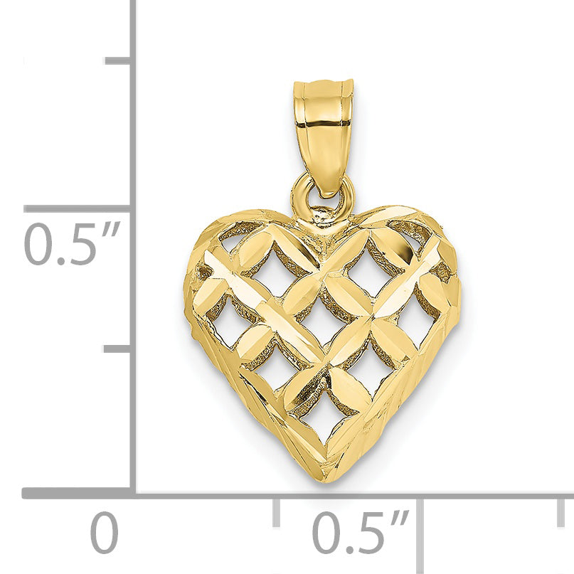 10K 3-D Diamond-cut Filigree Puffed Heart Charm