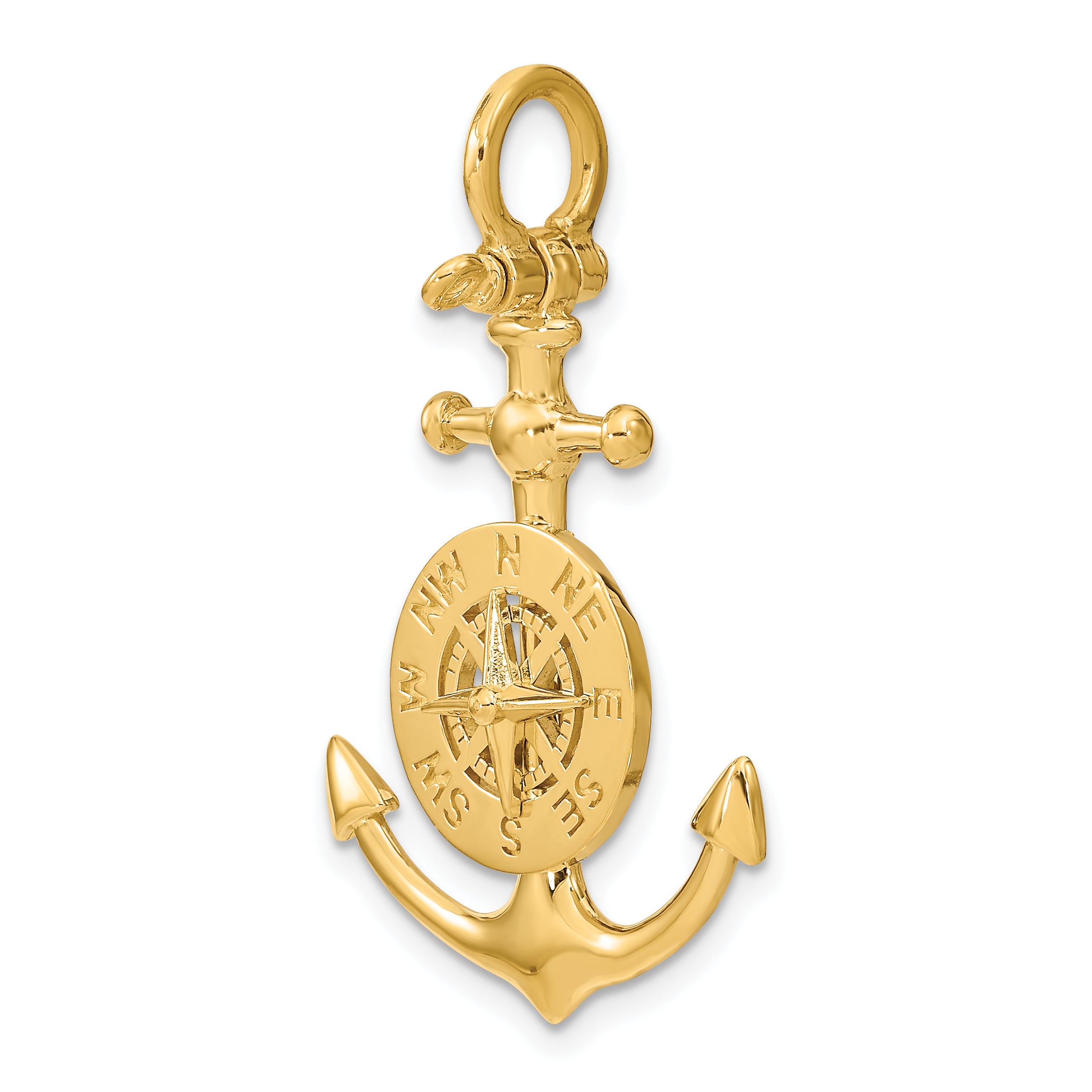 10K 3-D Small Anchor w/ Nautical Compass Charm