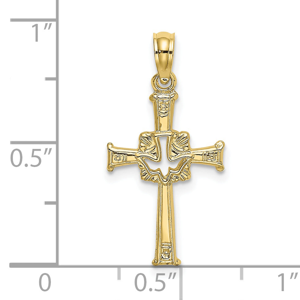 10K Polished and Engraved Cross and Dove Charm