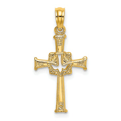 10K Polished and Engraved Cross and Dove Charm