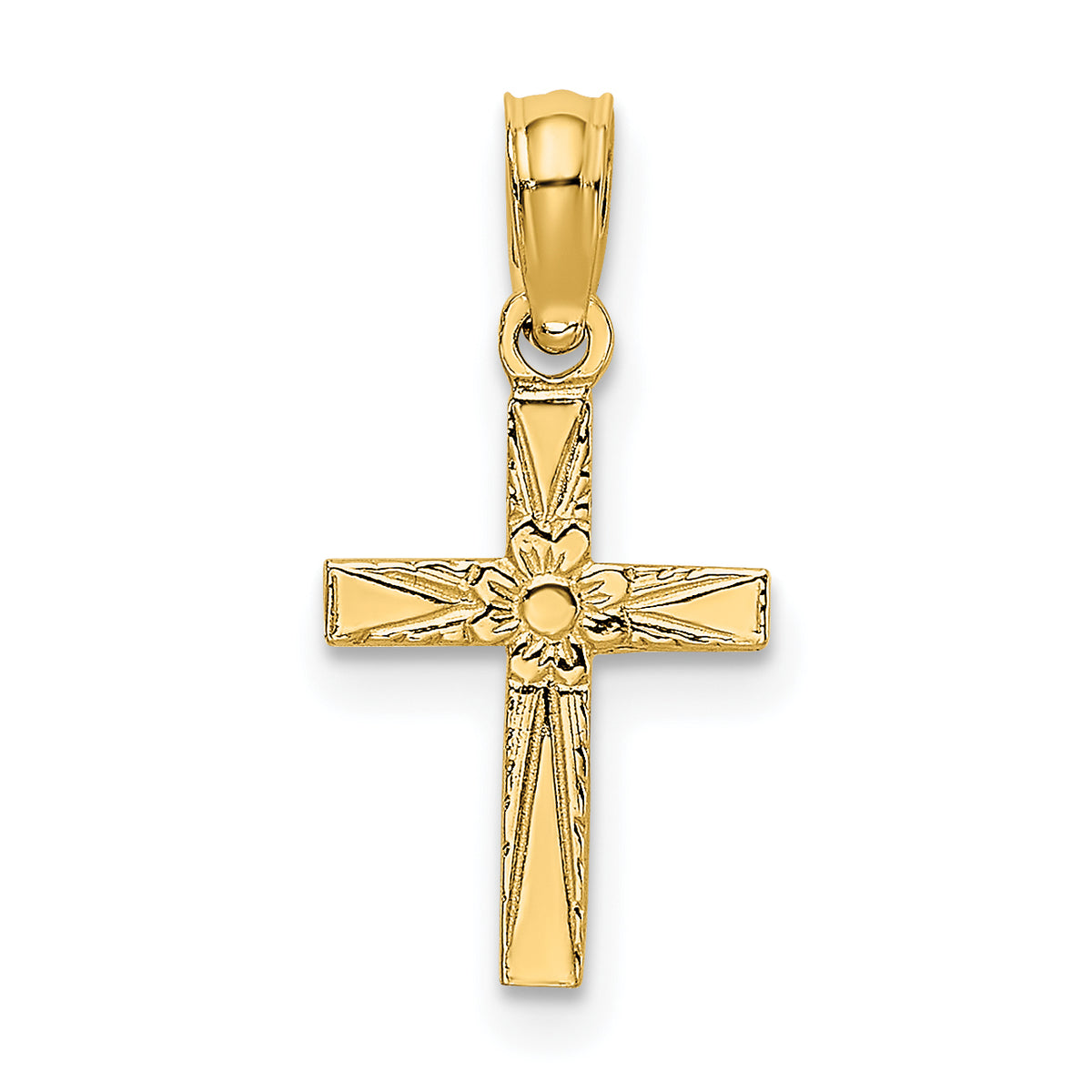 10K Polished and Engraved Mini Cross W/ Flower Charm