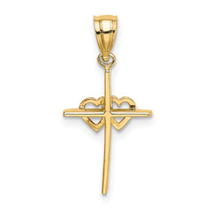 10K Polished Double Hearts On Stick Cross Charm