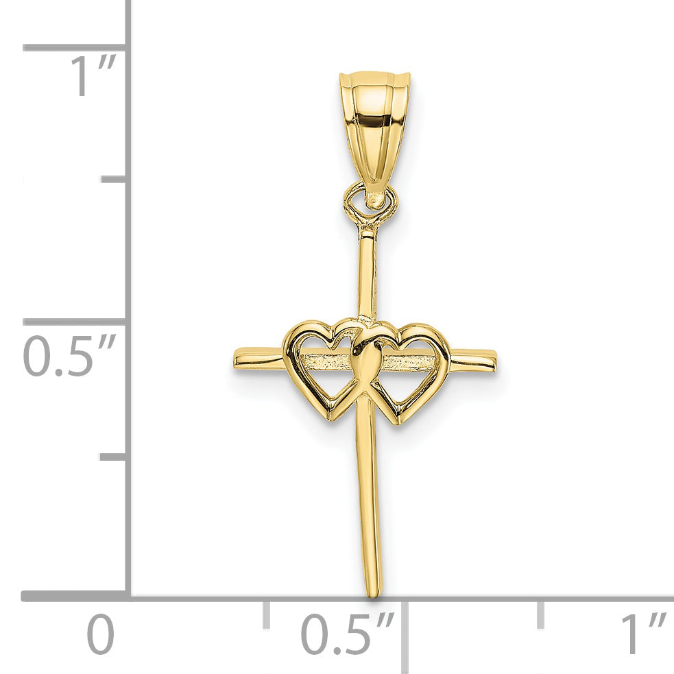 10K Polished Double Hearts On Stick Cross Charm