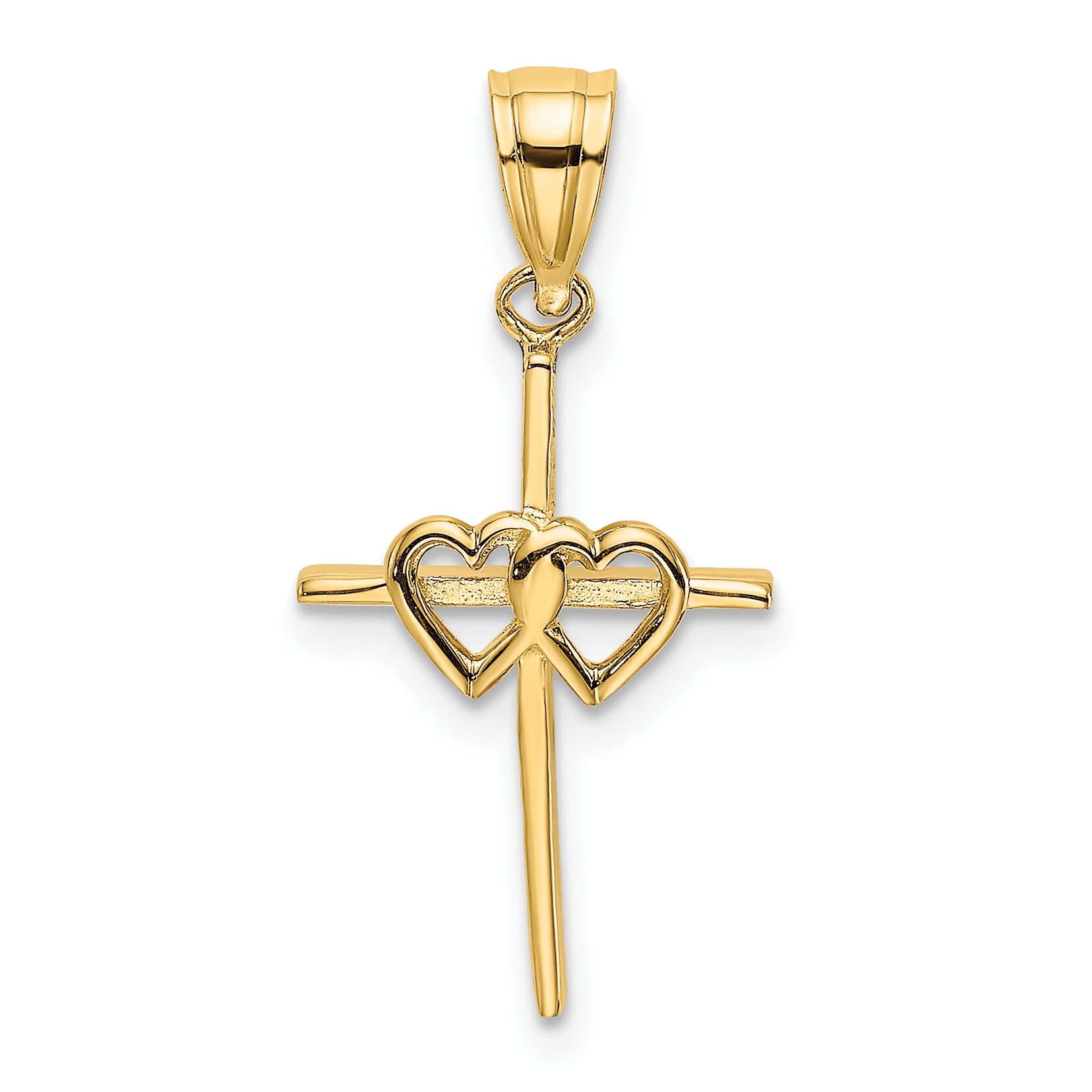 10K Polished Double Hearts On Stick Cross Charm