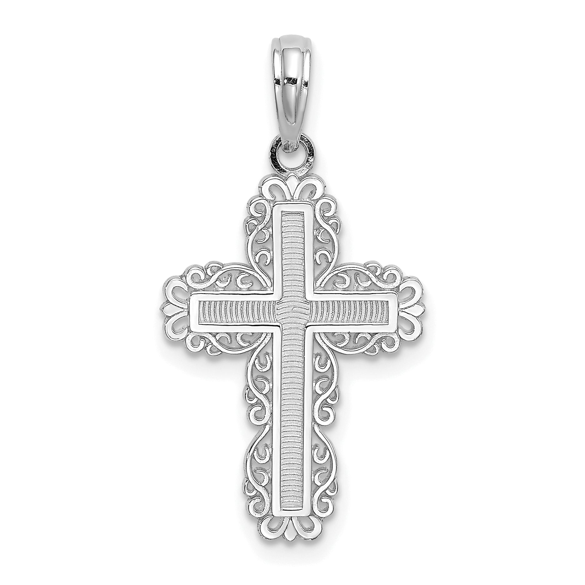 10K White Gold Textured w/ Lace Trim Cross Charm