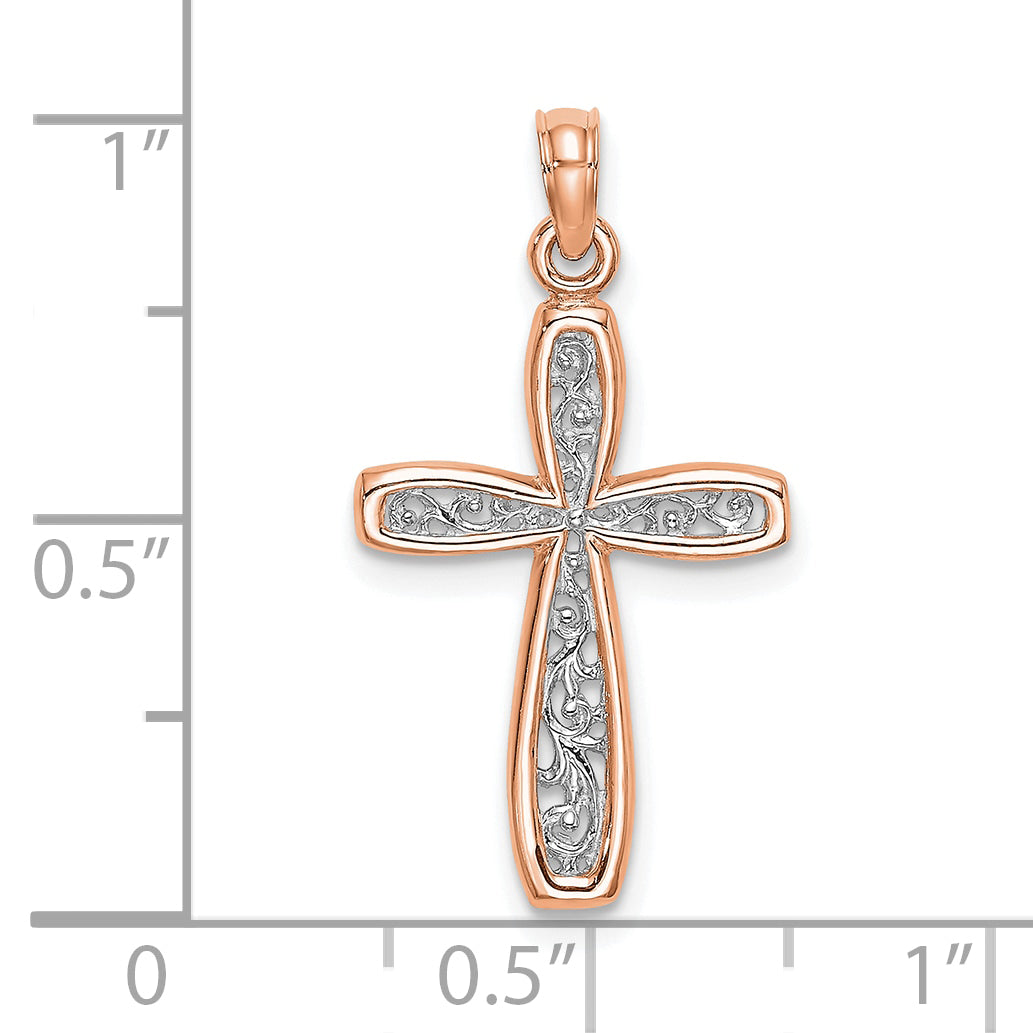 10K Rose w/ White Rhodium Filigree Center Border Cross