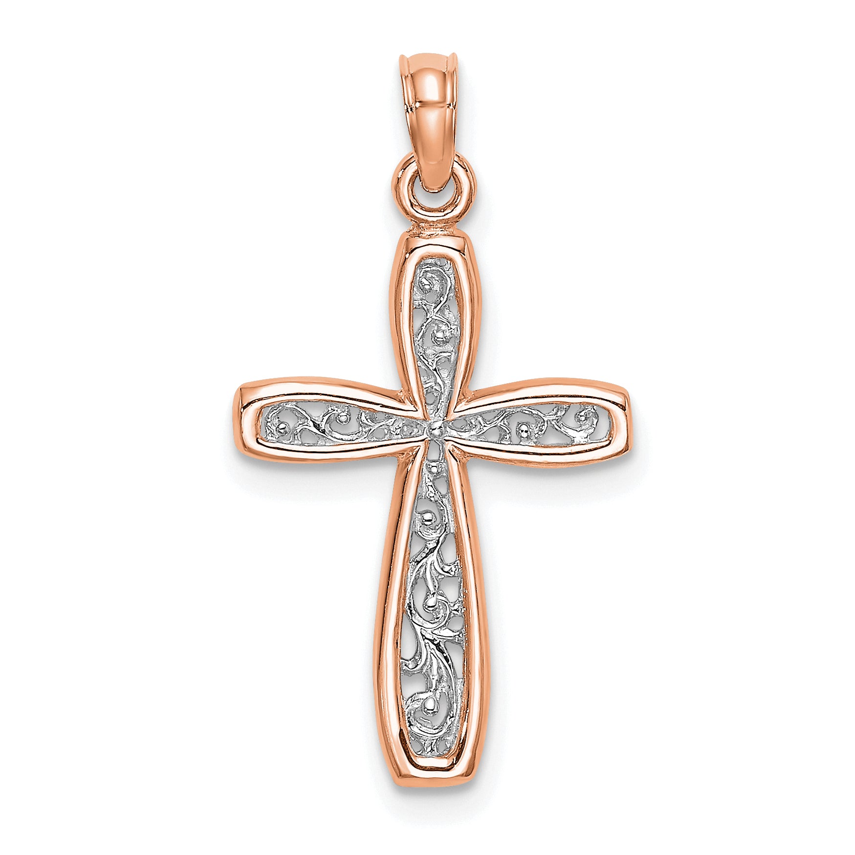 10K Rose w/ White Rhodium Filigree Center Border Cross