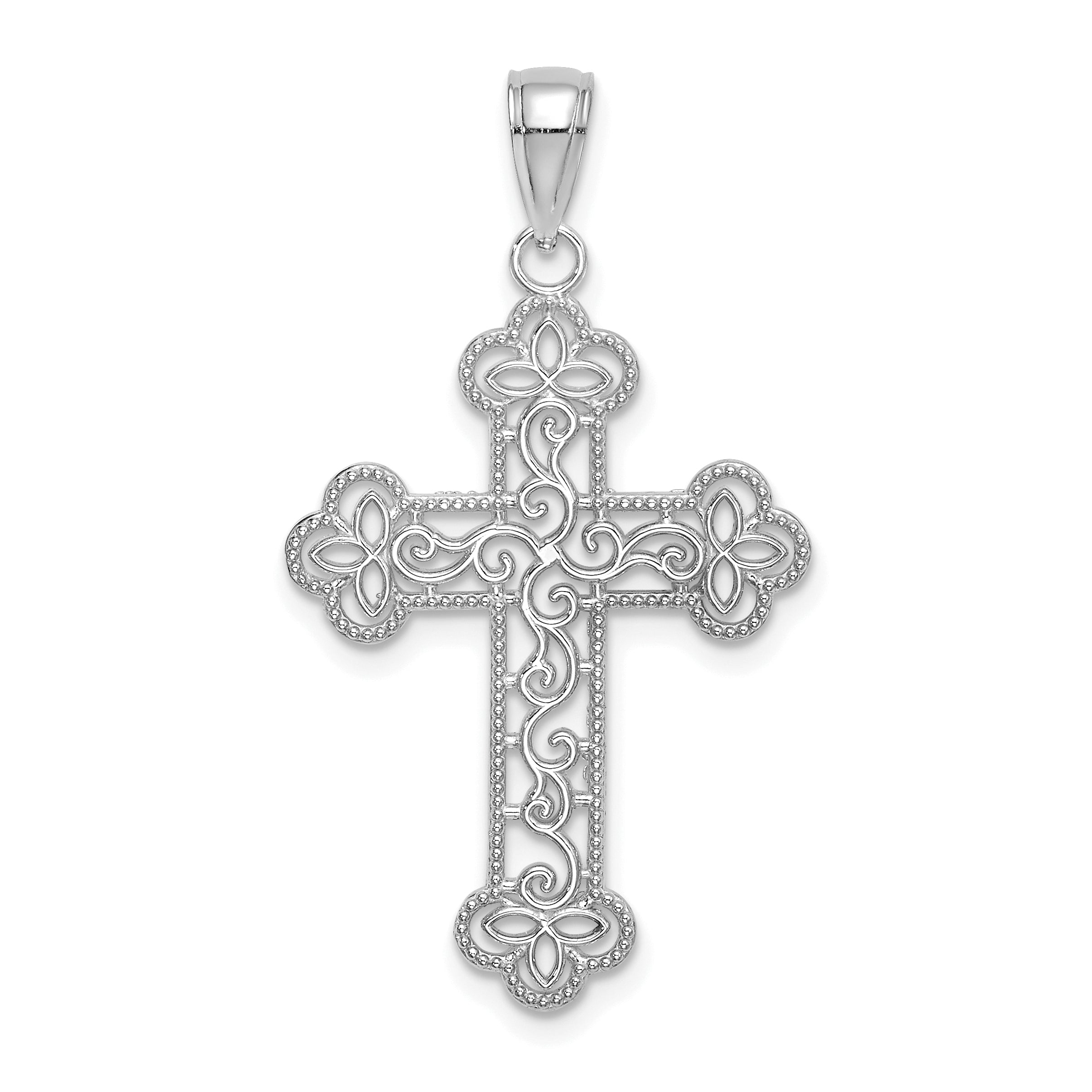 10K White Gold Textured  Beaded Edge Cross Charm