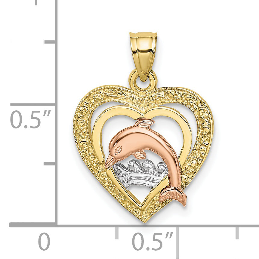 10K Two-tone w/White Rhodium Dolphin In Heart Charm