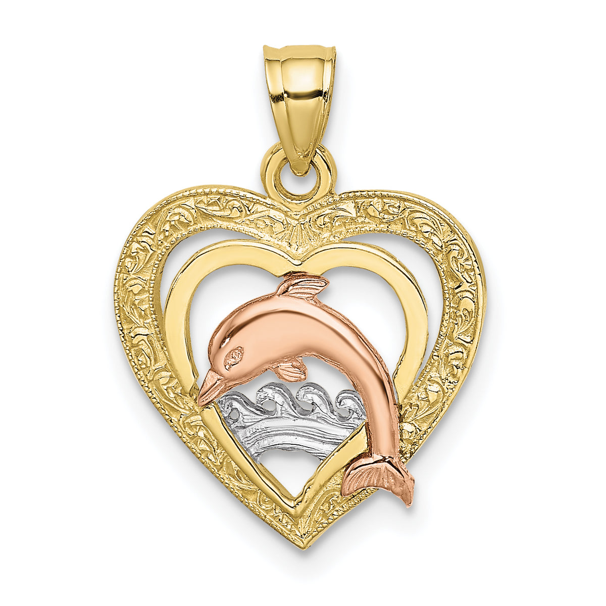 10K Two-tone w/White Rhodium Dolphin In Heart Charm