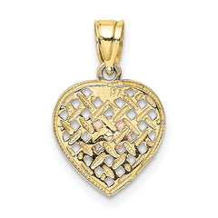 10K Two-tone w/Rhodium Double Dolphins On Woven Heart Charm