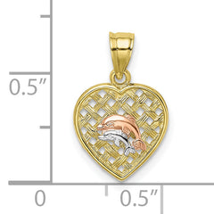 10K Two-tone w/Rhodium Double Dolphins On Woven Heart Charm