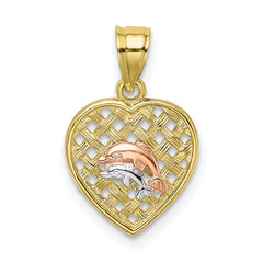 10K Two-tone w/Rhodium Double Dolphins On Woven Heart Charm