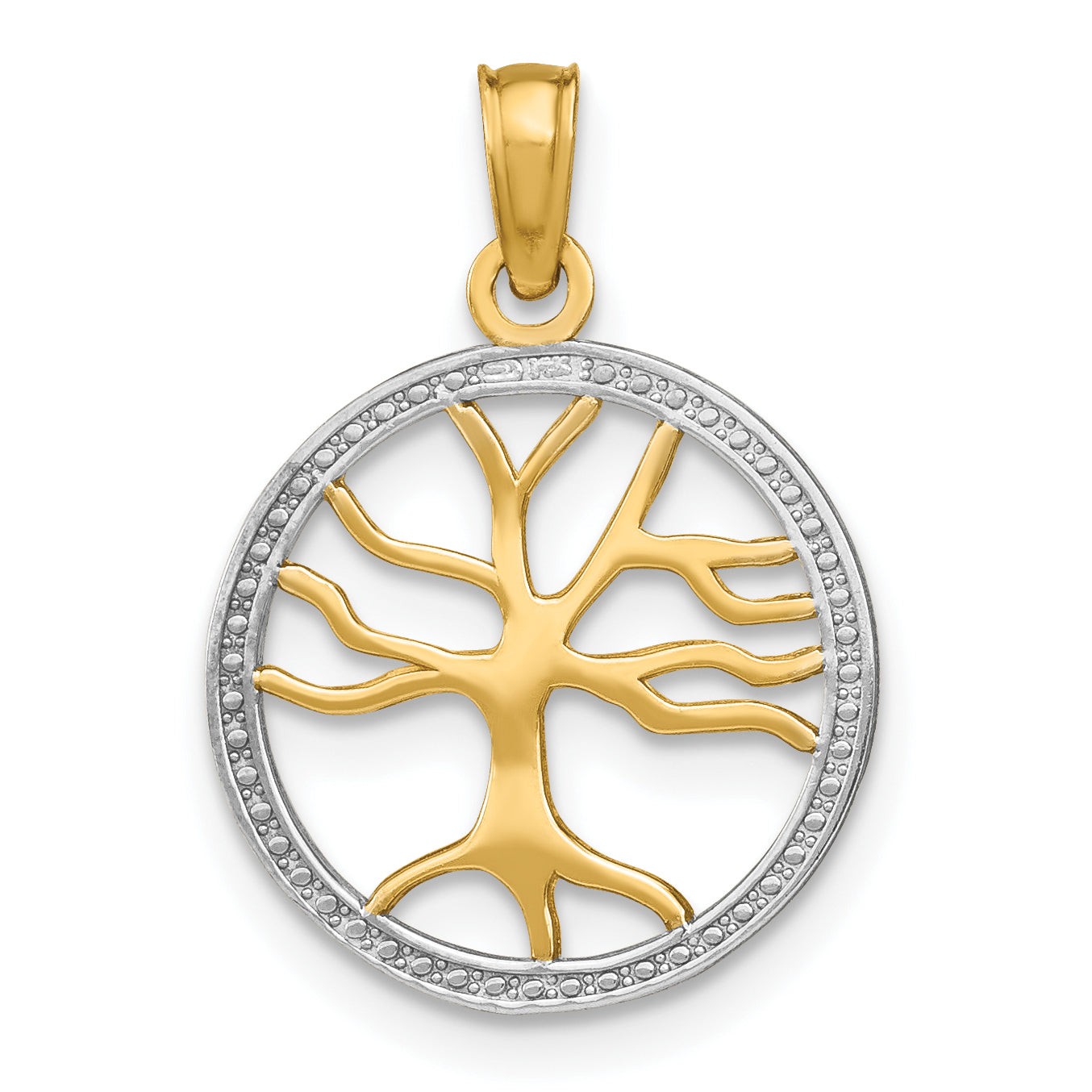 10K w/Rhodium 3-D Tree Of Life In Round Frame Charm