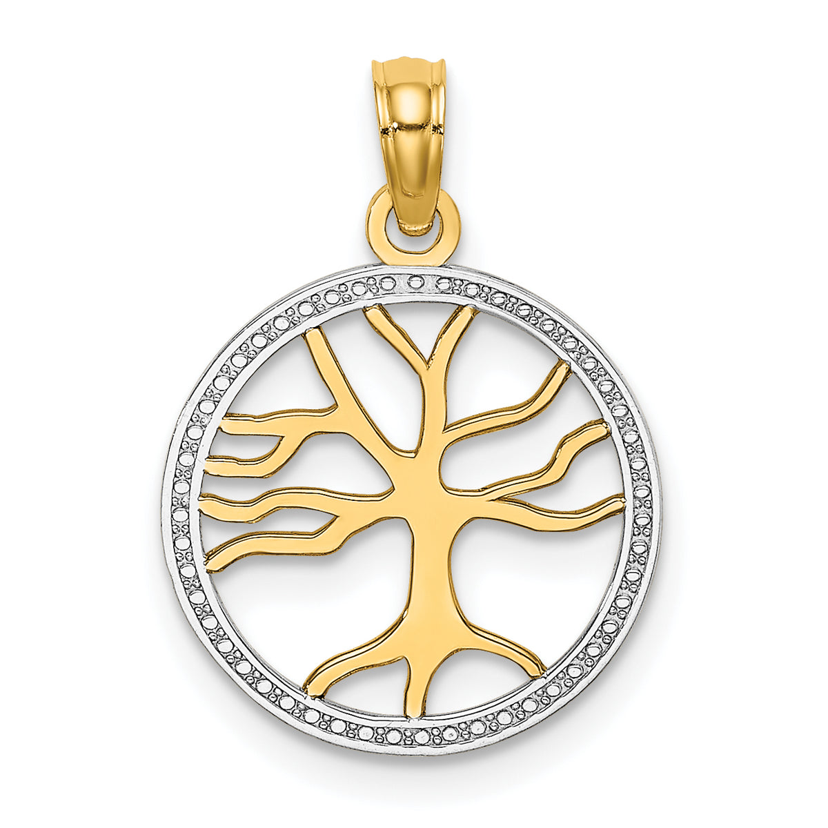 10K w/Rhodium 3-D Tree Of Life In Round Frame Charm