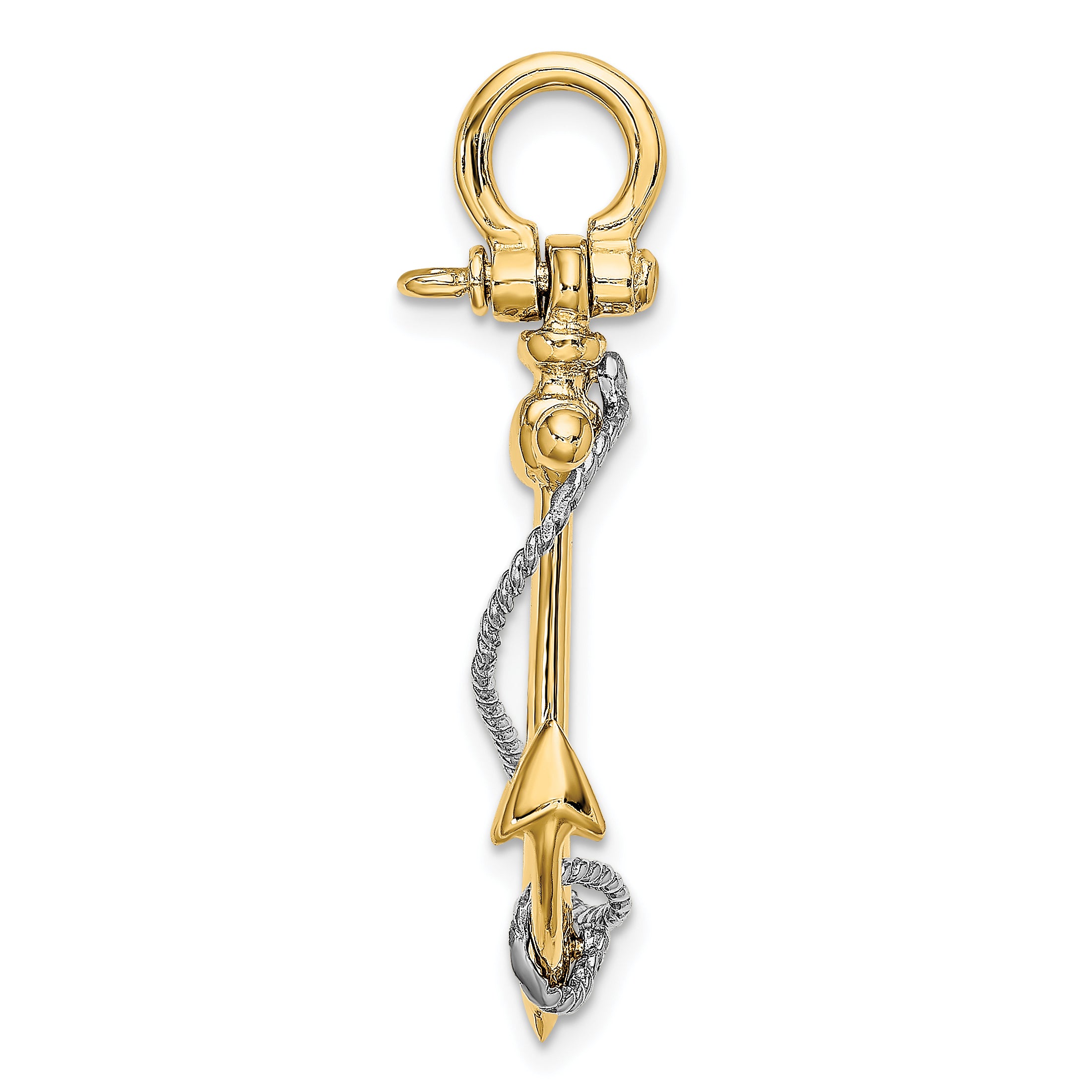 10K Two-tone 3-D Anchor w/T Bar and Rope w/Shackle Bail Charm