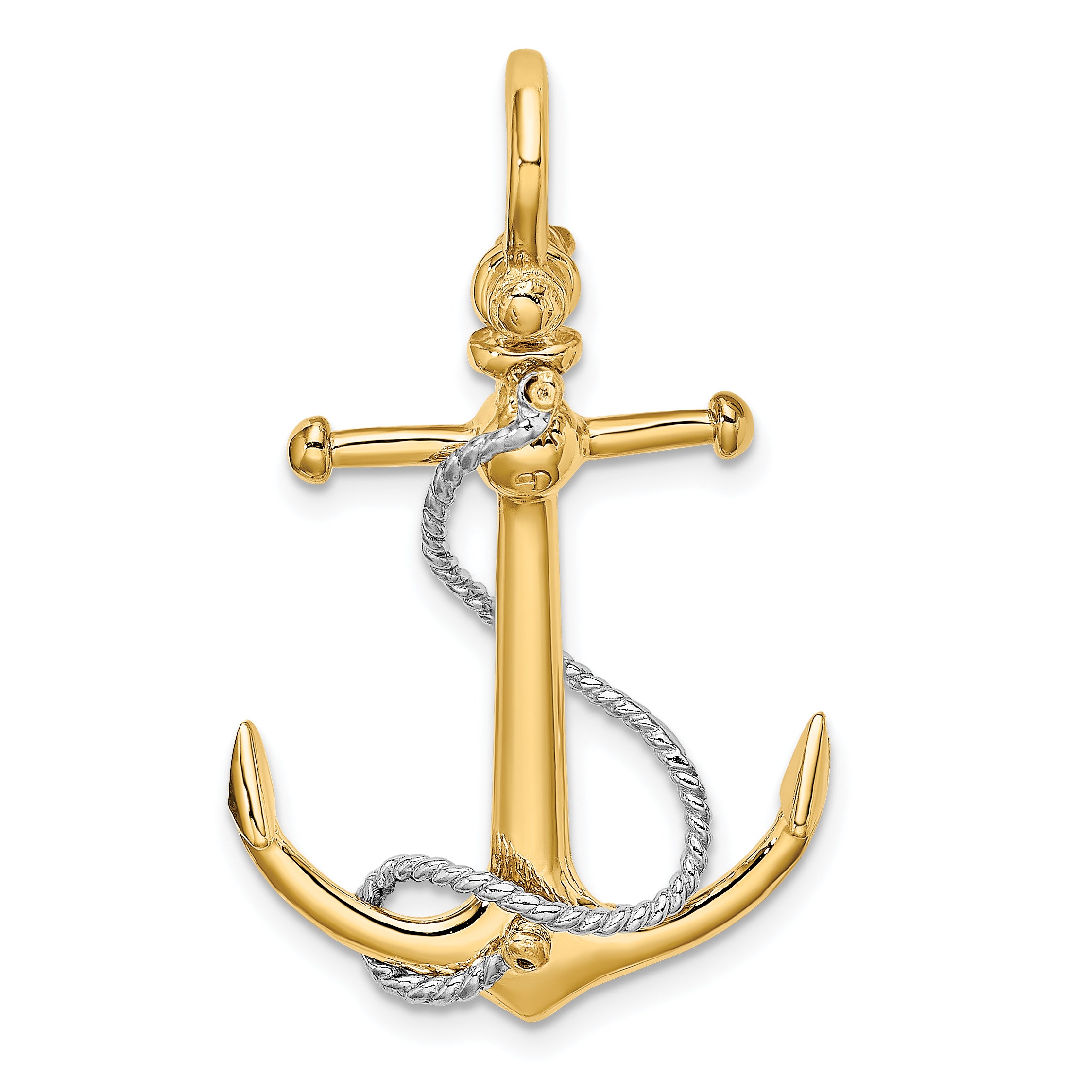 10K Two-tone 3-D Anchor w/T Bar and Rope w/Shackle Bail Charm