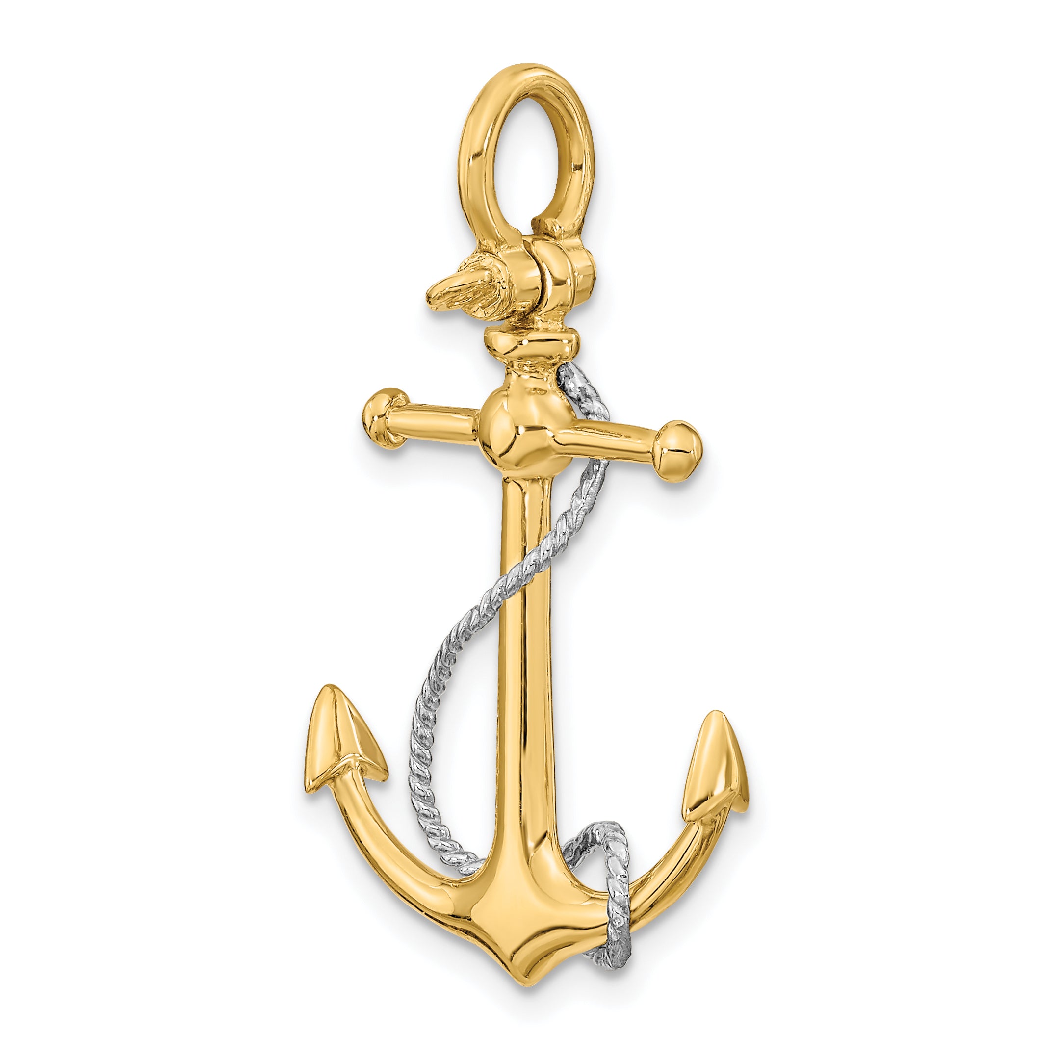 10K Two-tone 3-D Anchor w/T Bar and Rope w/Shackle Bail Charm