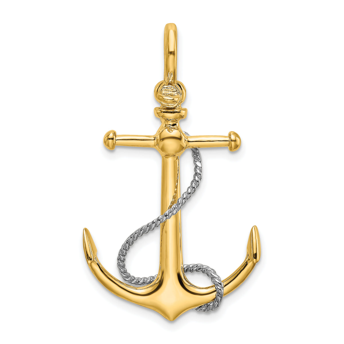 10K Two-tone 3-D Anchor w/T Bar and Rope w/Shackle Bail Charm