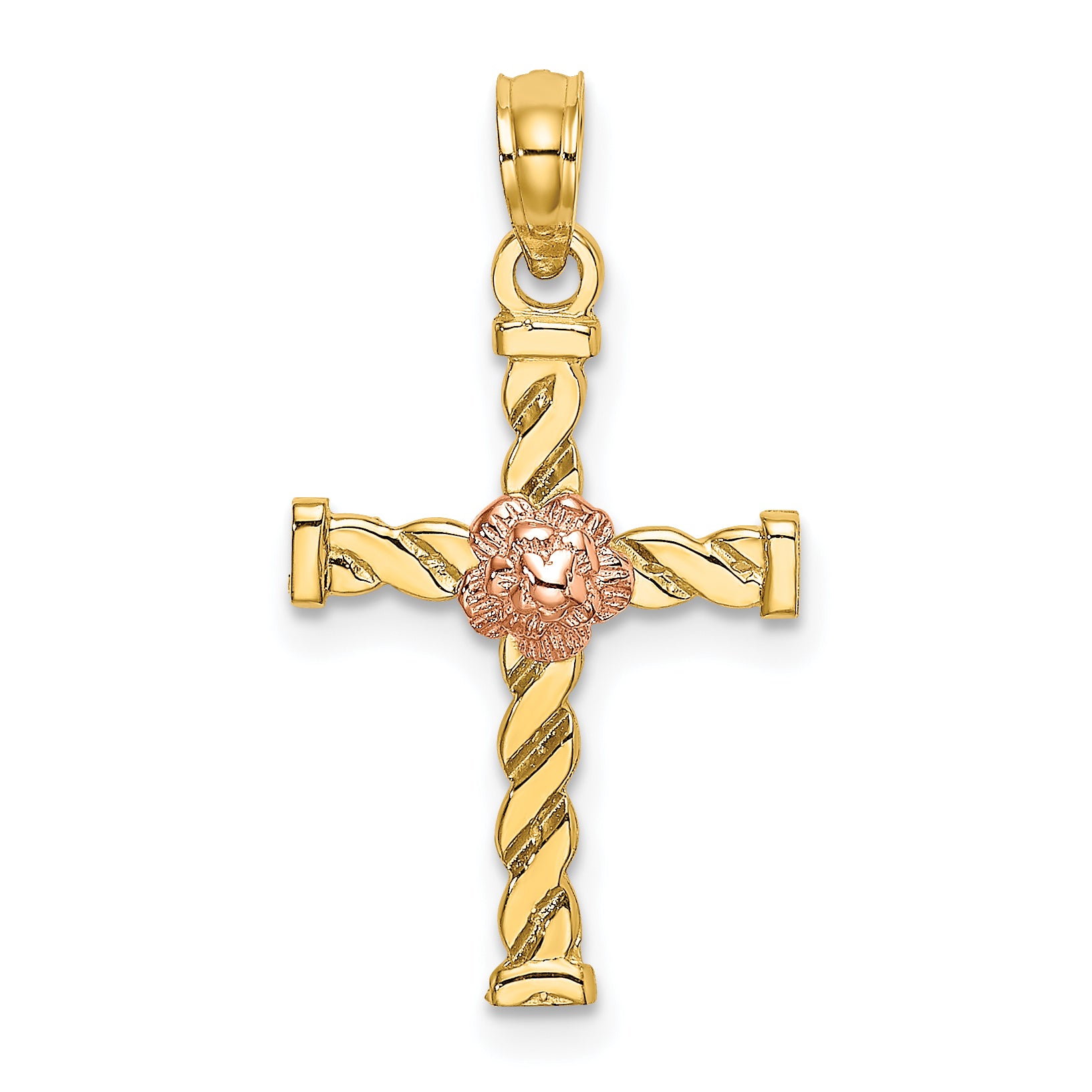 10K Two-Tone Twisted Cross w/ Flower Charm