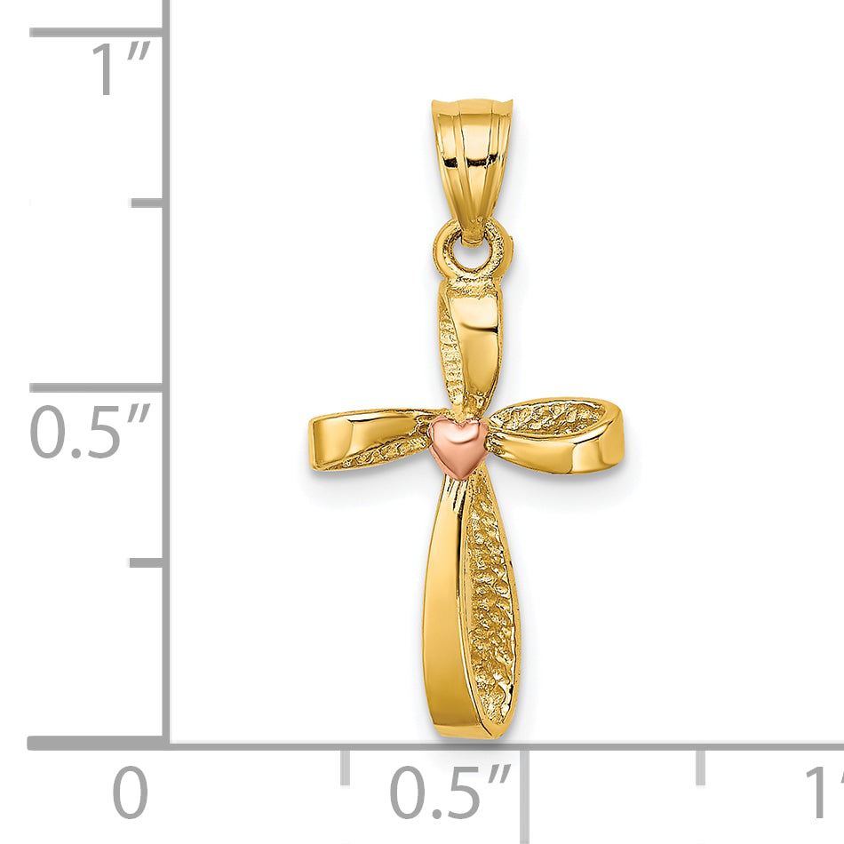 10k Two-Tone Twisted Cross w/ Heart Charm