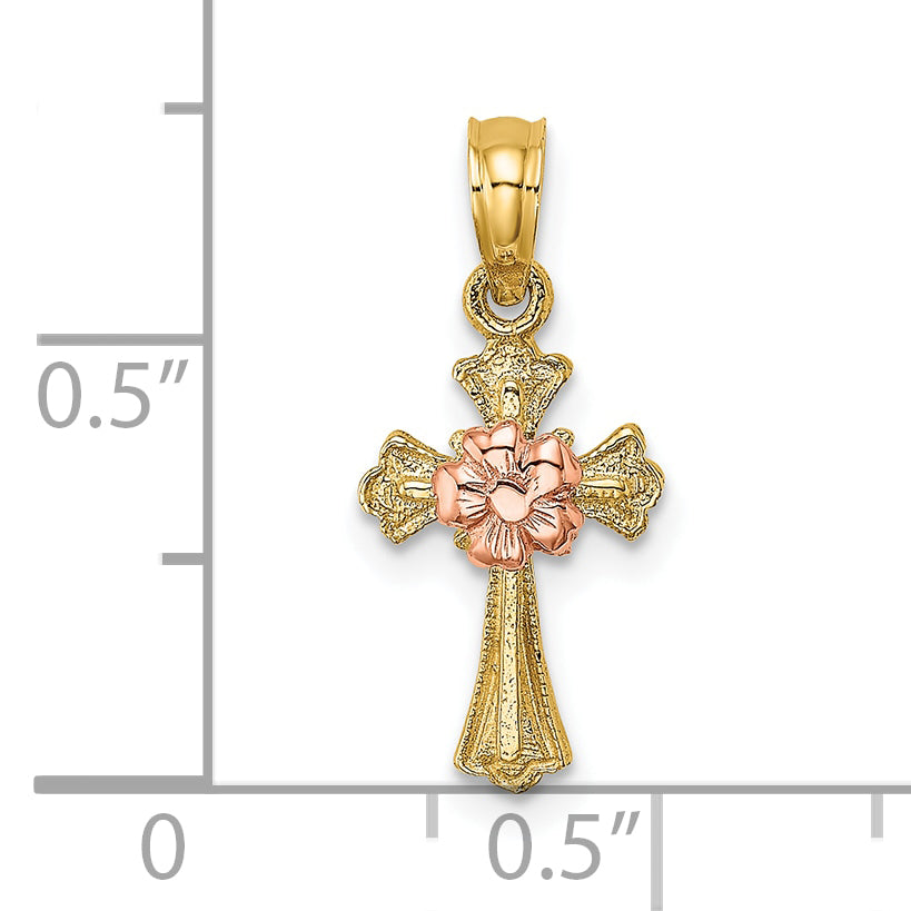 10k Two-Tone Cross w/ Small Flower Charm