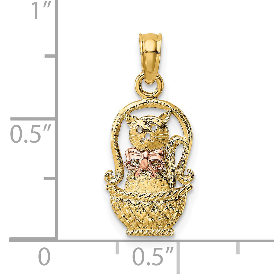 10k Two-Tone Cat w/ Bow In Basket Charm