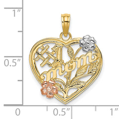 10k Two-tone w/White Rhodium #1 MOM Heart w/ Flower Charm