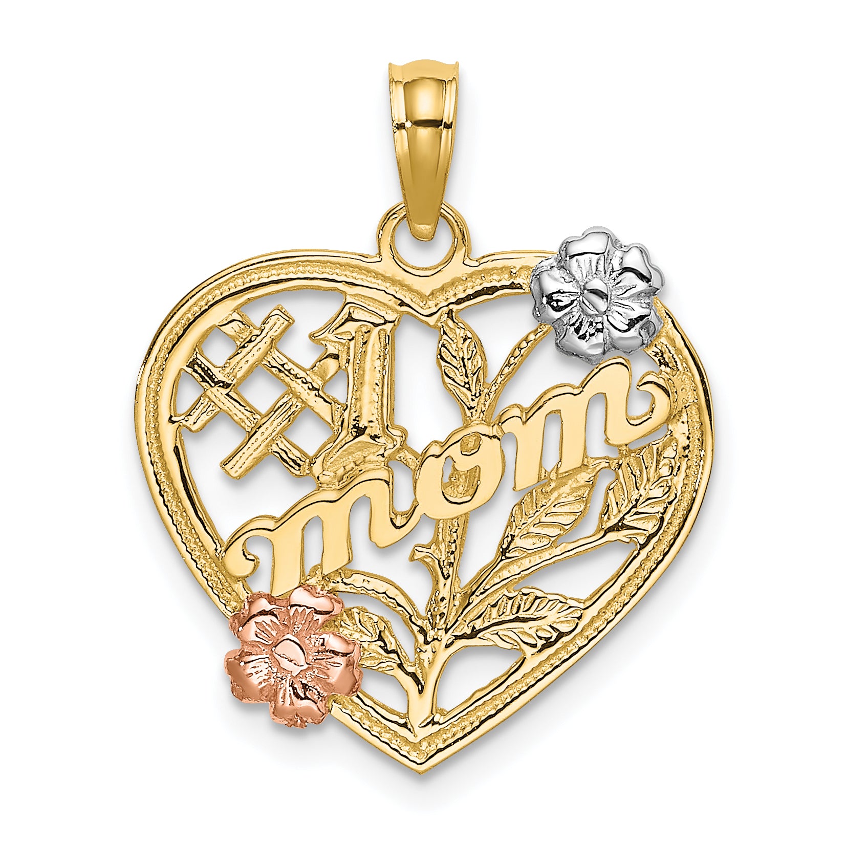 10k Two-tone w/White Rhodium #1 MOM Heart w/ Flower Charm