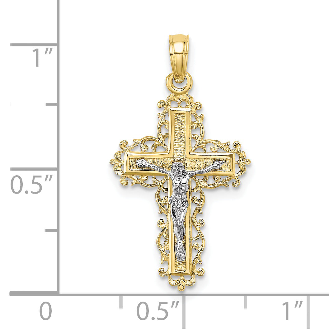 10K Two-tone Textured w/ Lace Trim Crucifix Charm