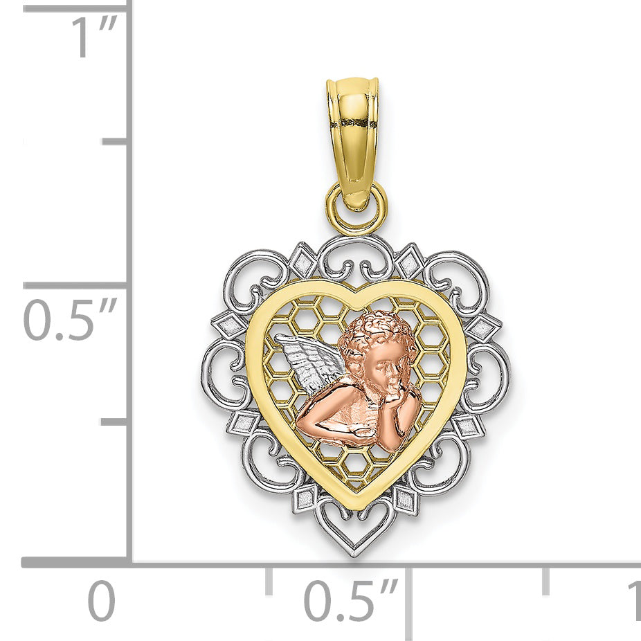 10K Two-tone w/Rhodium Small Angel In Heart Charm