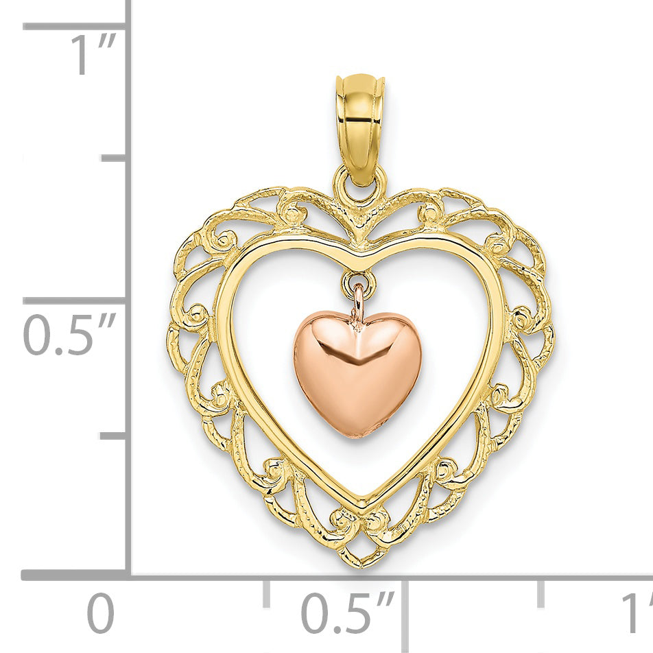 10k Yellow and Rose Gold Polished Dangling Heart In Heart Charm