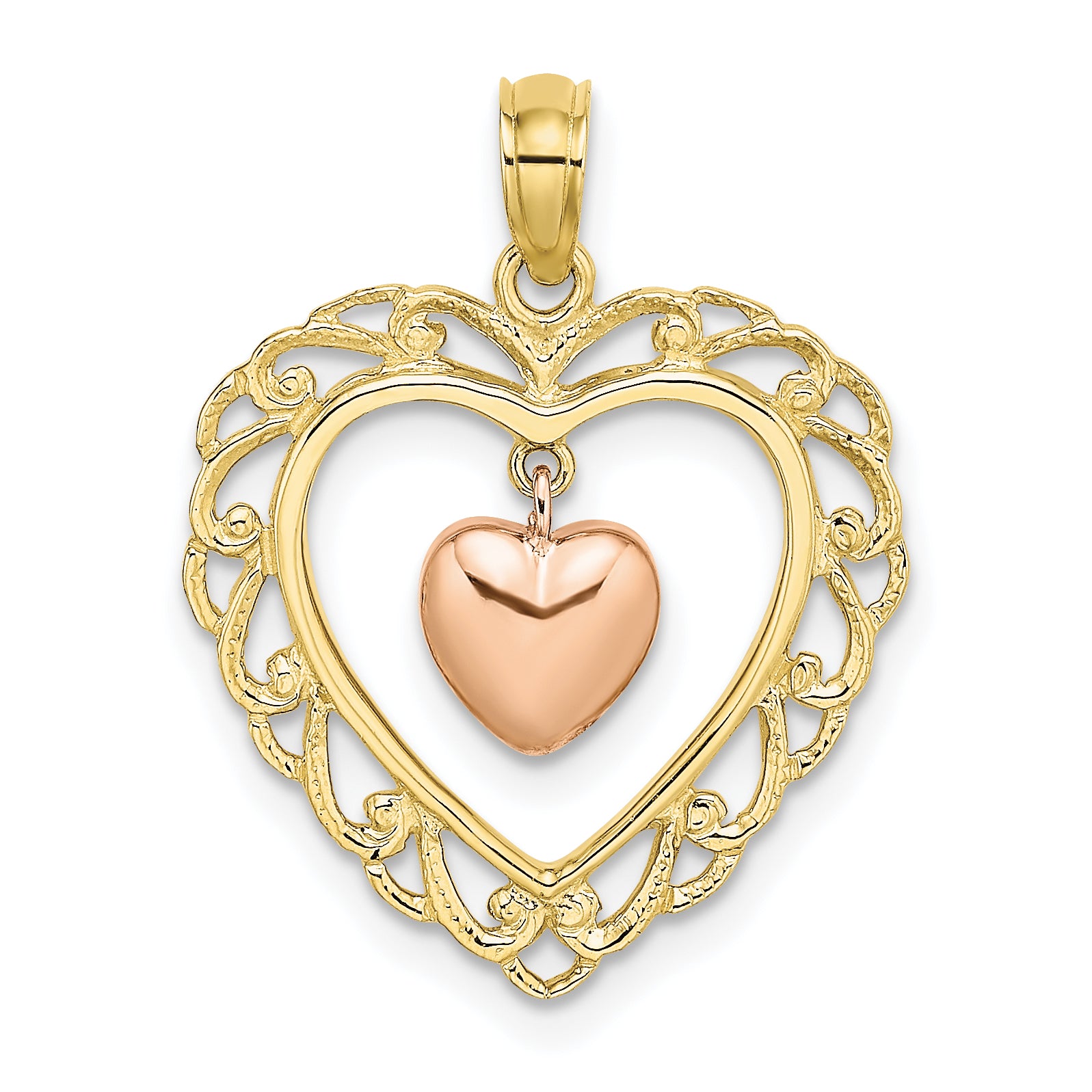 10k Yellow and Rose Gold Polished Dangling Heart In Heart Charm