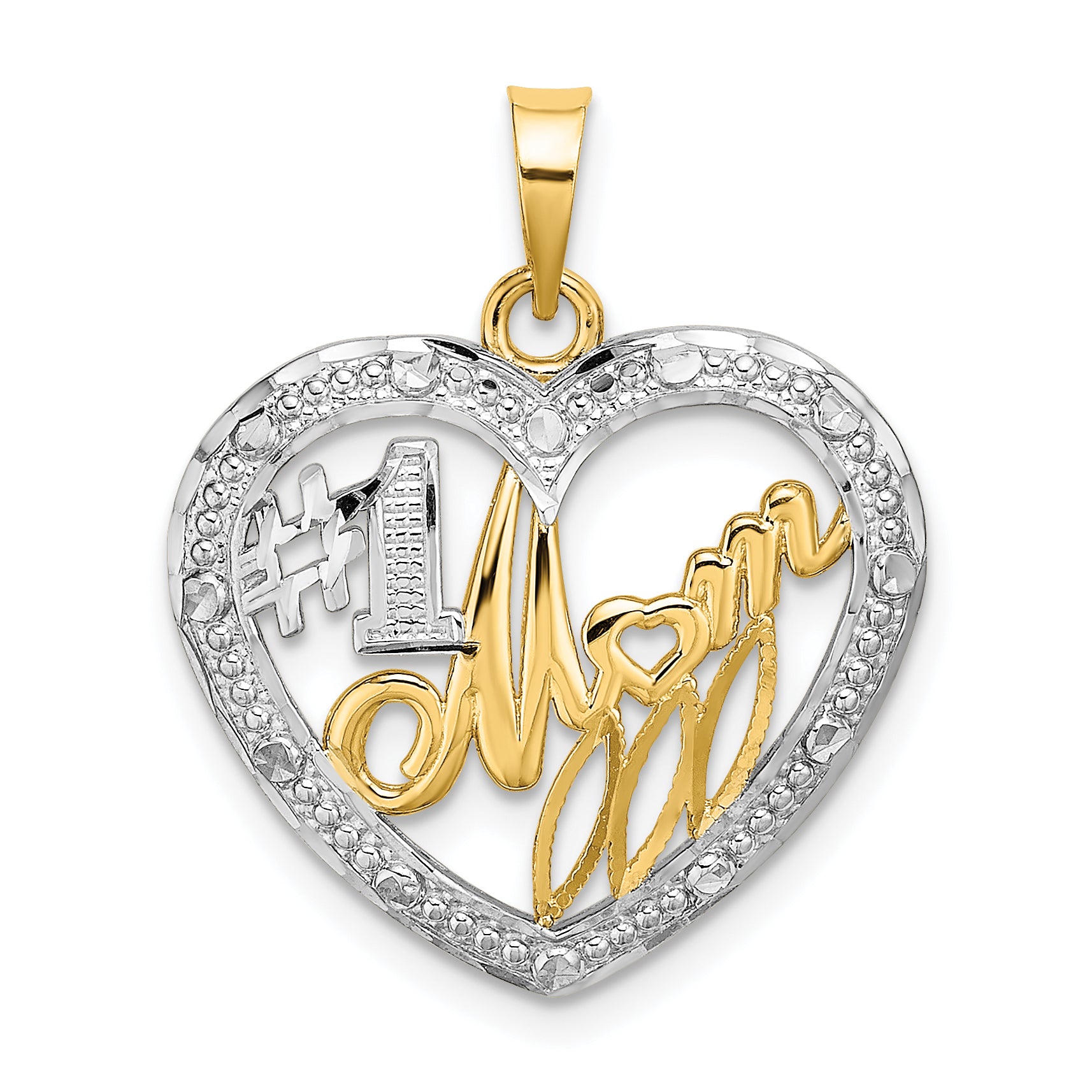 10k w/Rhodium Bead Trim #1 MOM In Heart Charm