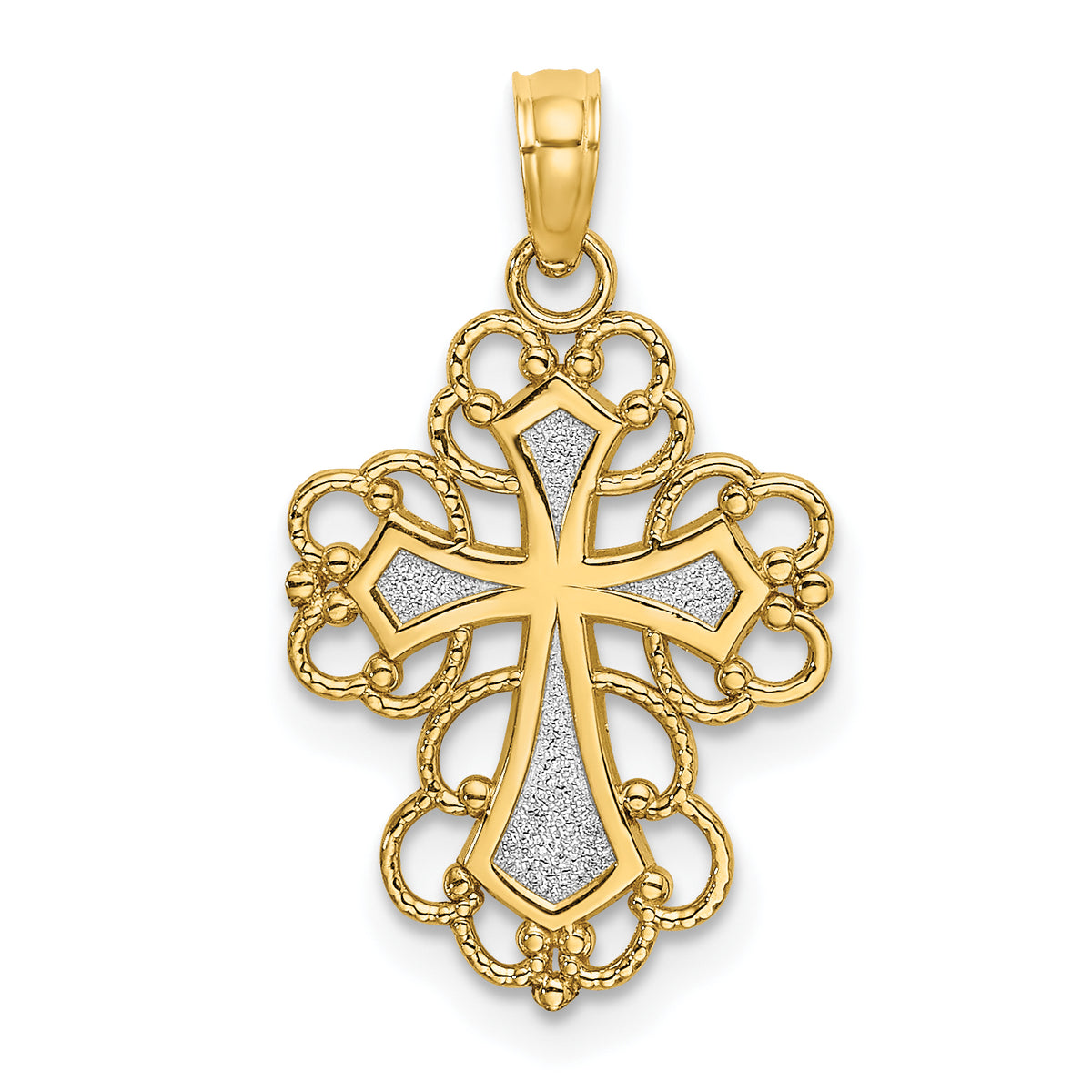 10K W/ Rhodium Beaded Lace Trim Cross Charm