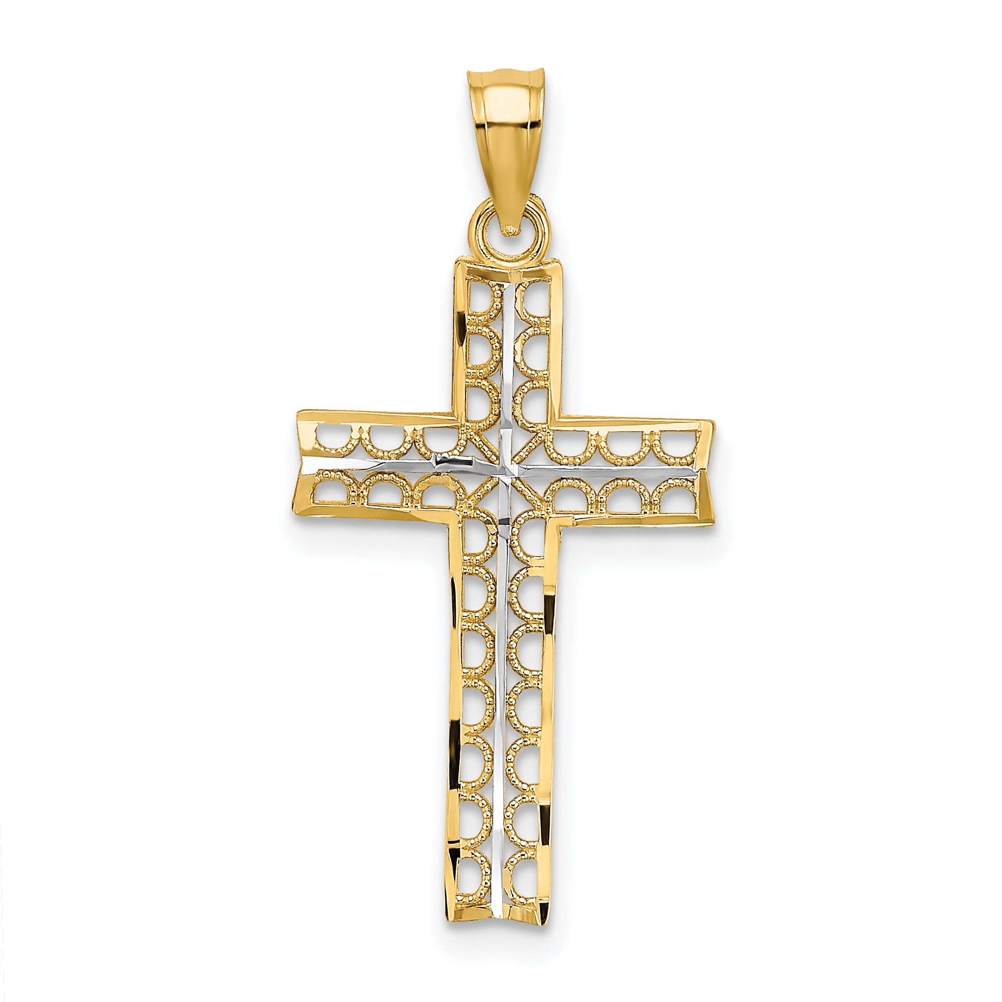 10K w/ Rhodium D/C Filigree Cross Pendant