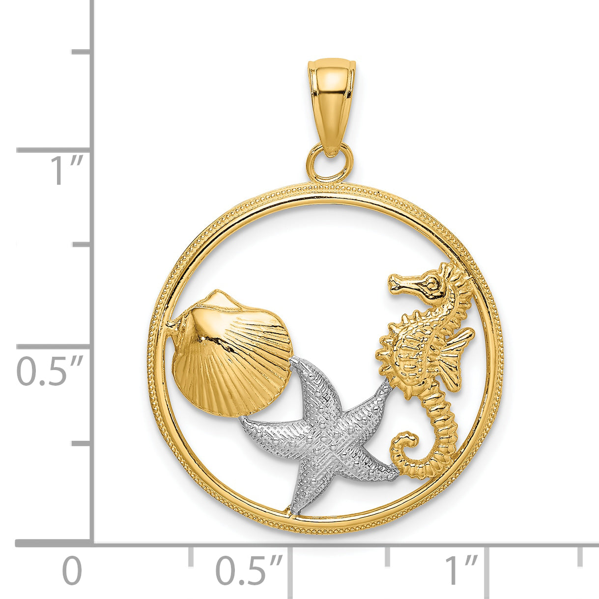 10k w/Rhodium Scallop, Starfish ,Seahorse Circle Charm