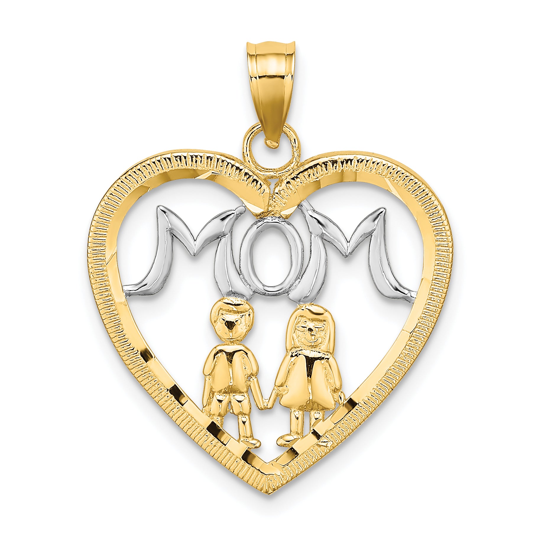 10K W/ Rhodium Heart With 2 Kids MOM Charm