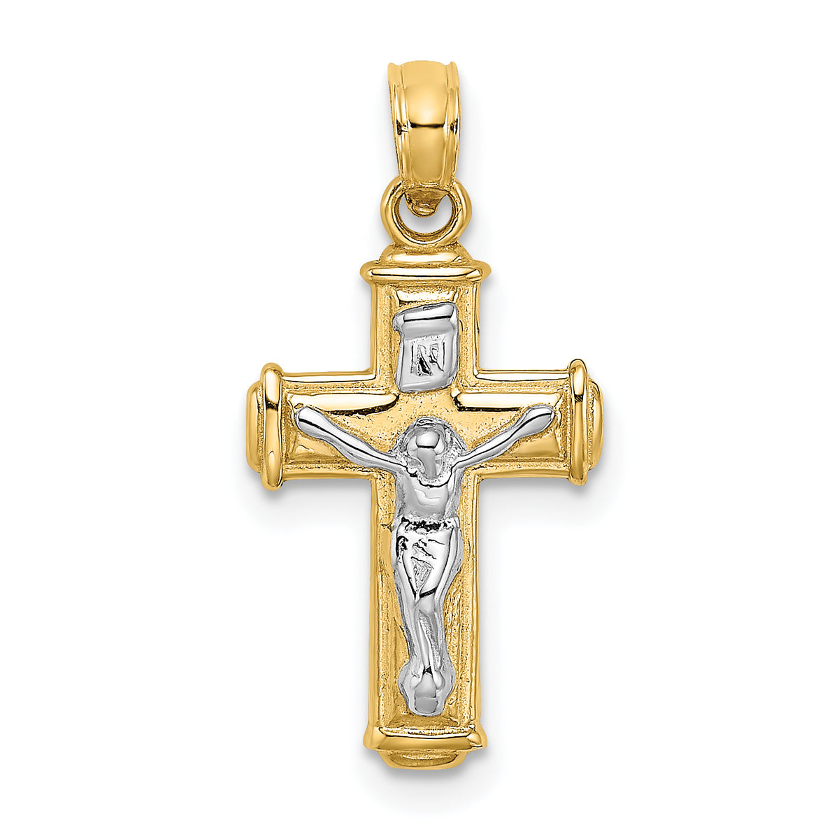 10K W/ Rhodium Polished Block Crucifix INRI Charm