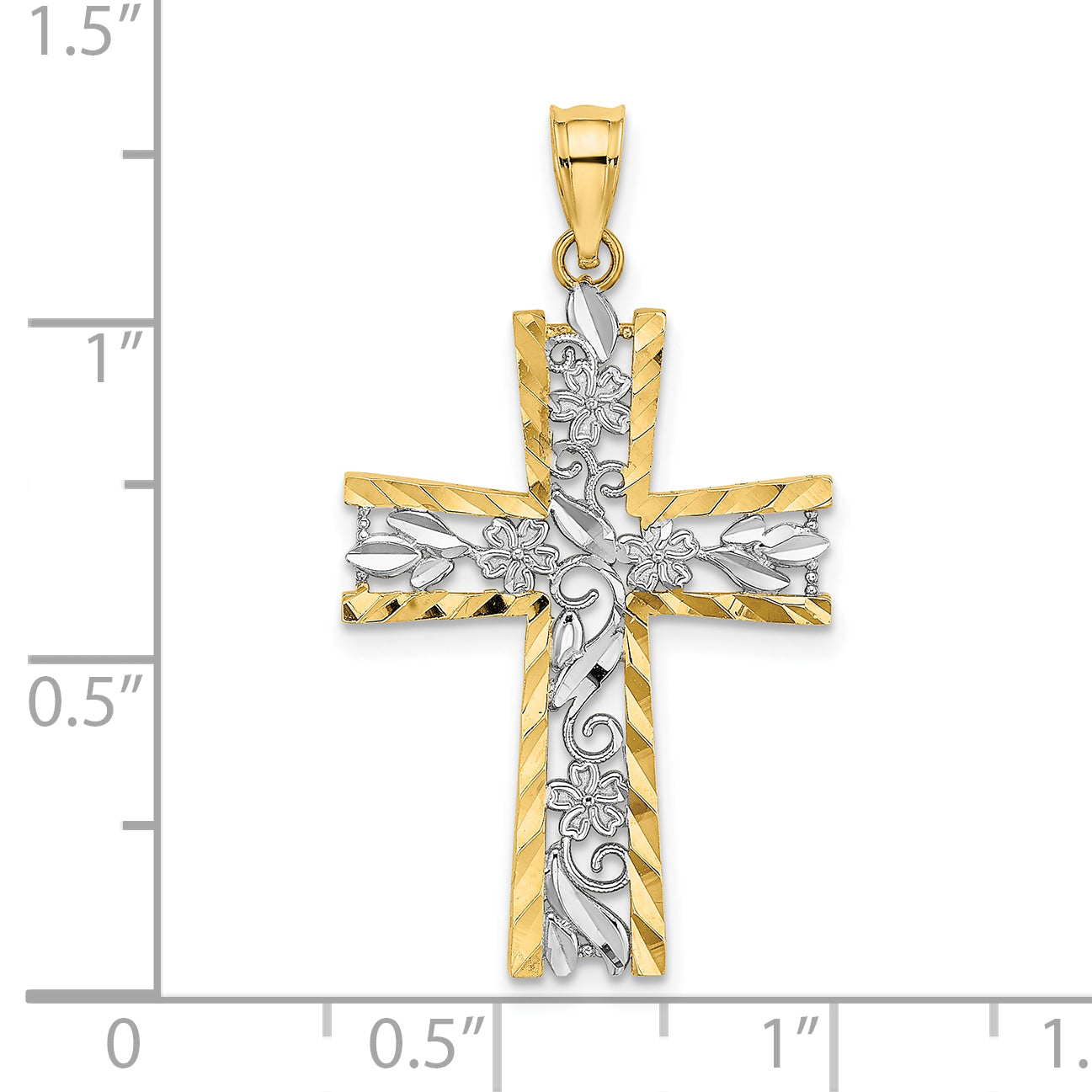 10K W/ Rhodium and D/C Flower Design Cross Charm