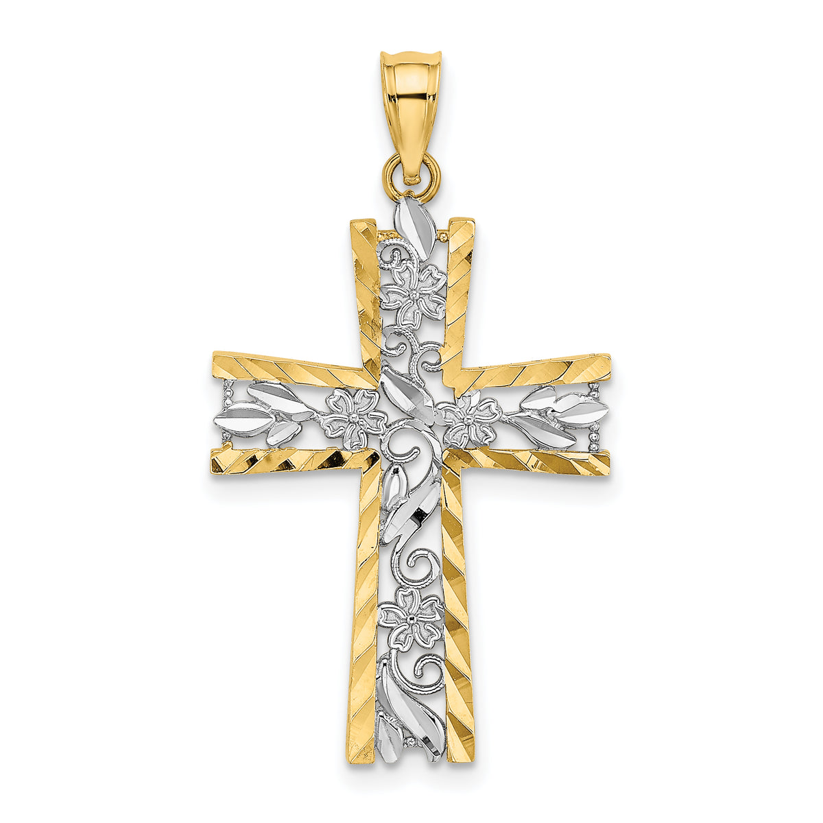 10K W/ Rhodium and D/C Flower Design Cross Charm