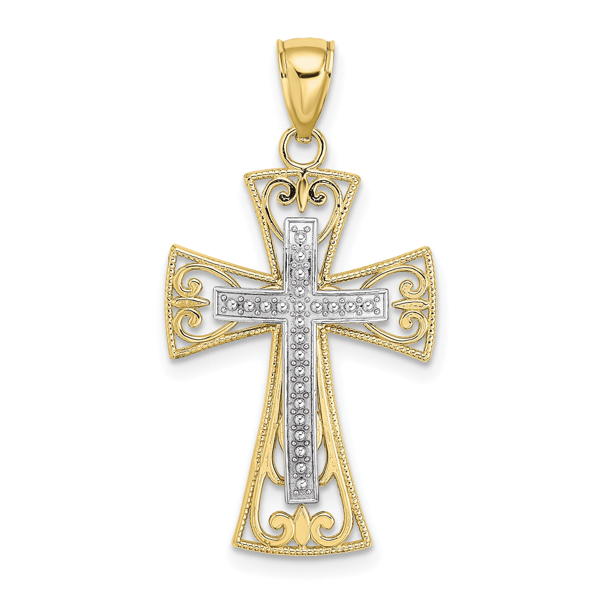 10K Two-tone 2-D and D/C Beaded Filigree Cross Charm