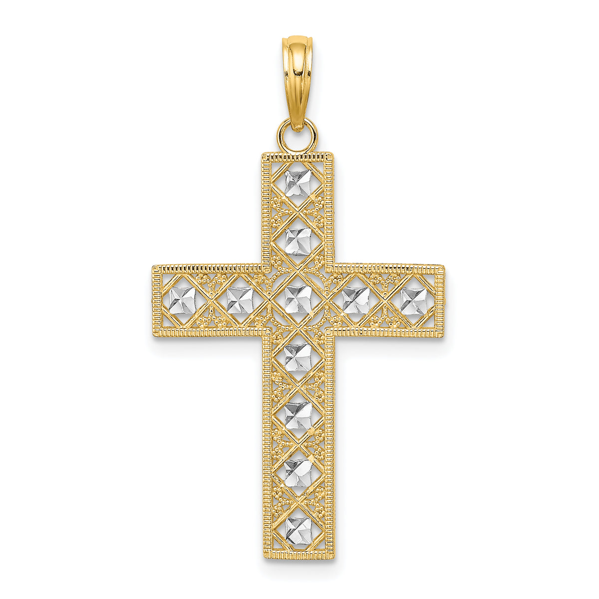 10K W/ Rhodium D/C and Cut-Out Cross Charm