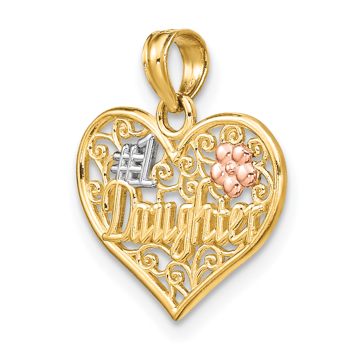 10K Two-tone w/White Rhodium #1 DAUGHTER In Heart Charm