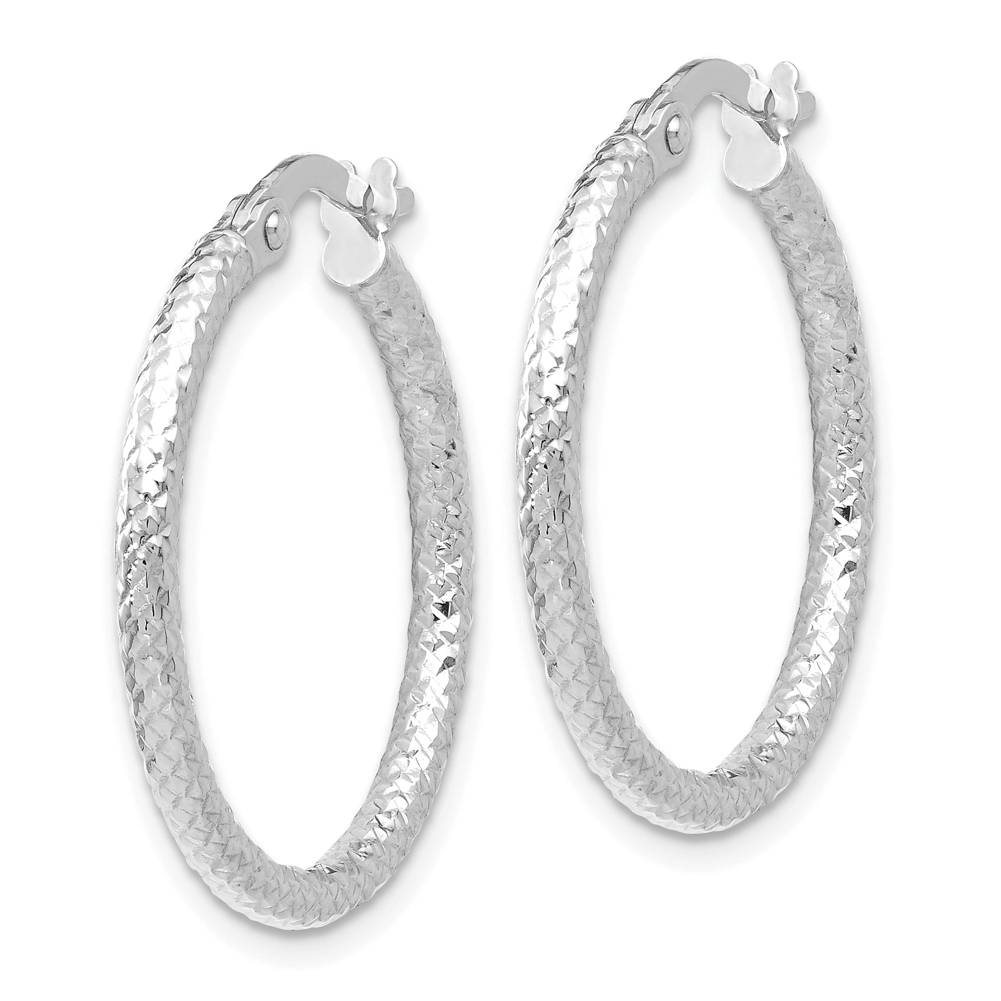 10K White Gold Polished and Textured Hoop Earrings with Rhodium Finish